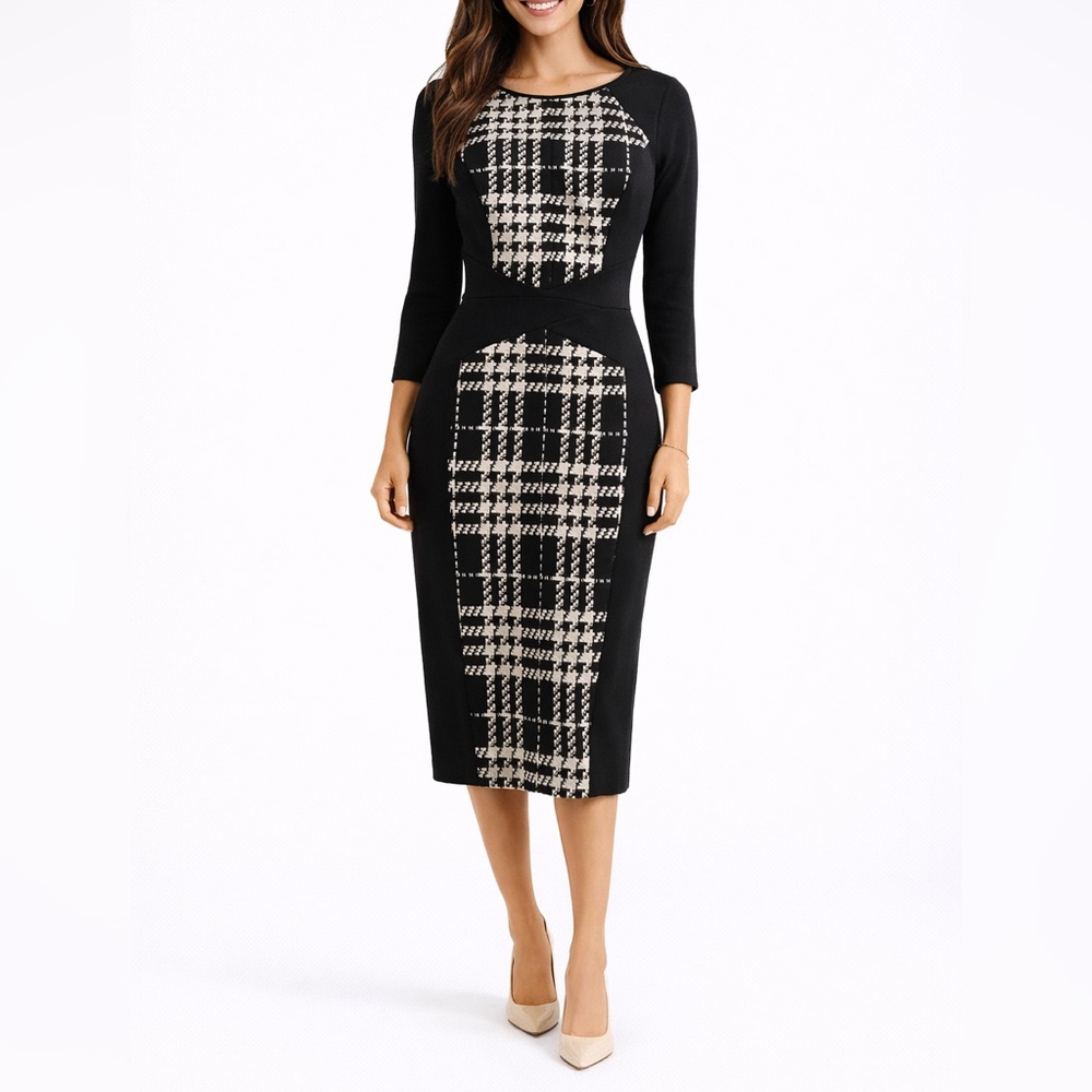 Black White Houndstooth Classic Sheath Dress 3/4 Sleeve Bodycon Midi Office Chic
